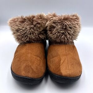 Isotoner Faux Fur Lined Suede Slipper Brown Bootie Cozy Warm Women's Size 6.5-7